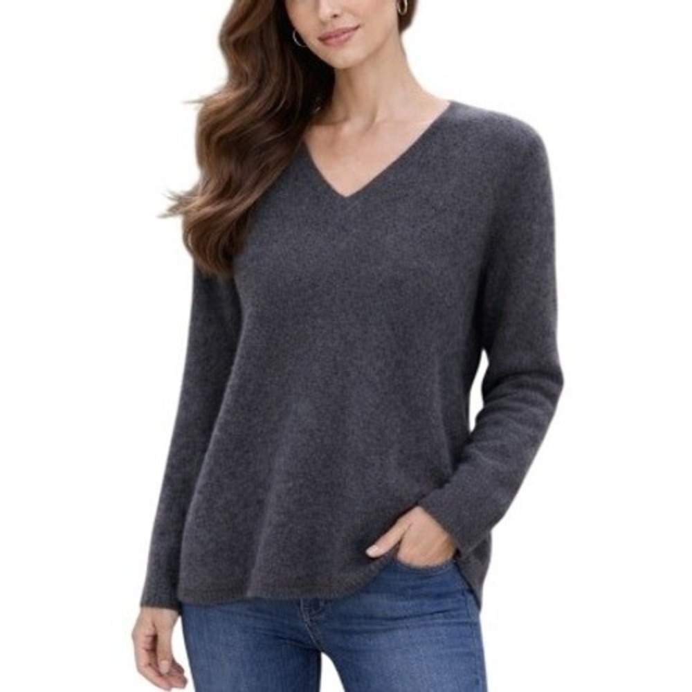 Belle France Cashmere Luxurious V-Neck Sweater Charcoal Gray High-Low Hem XL